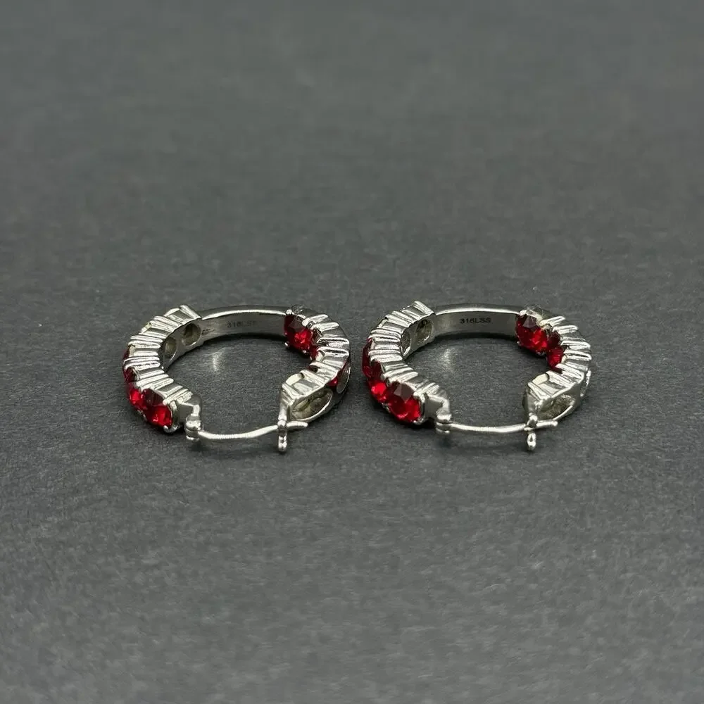 316L Surgical Stainless Steel Red Rhinestone Hoop & Stud Earrings Jewelry Lot